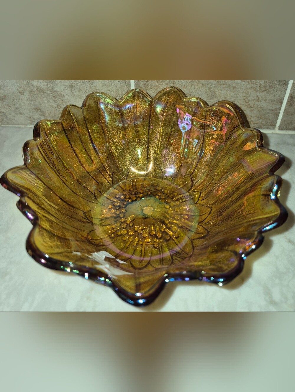 Vintage Indiana Glass Sunflower Bowl w/marigold carnival glass finish